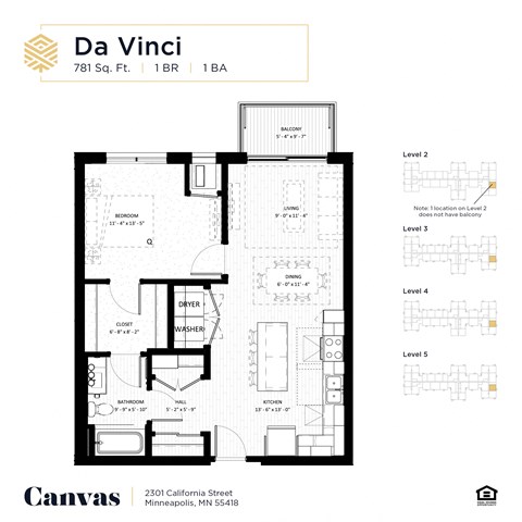 Floor plan for 1 bed, 1 bath, 781 sqft
